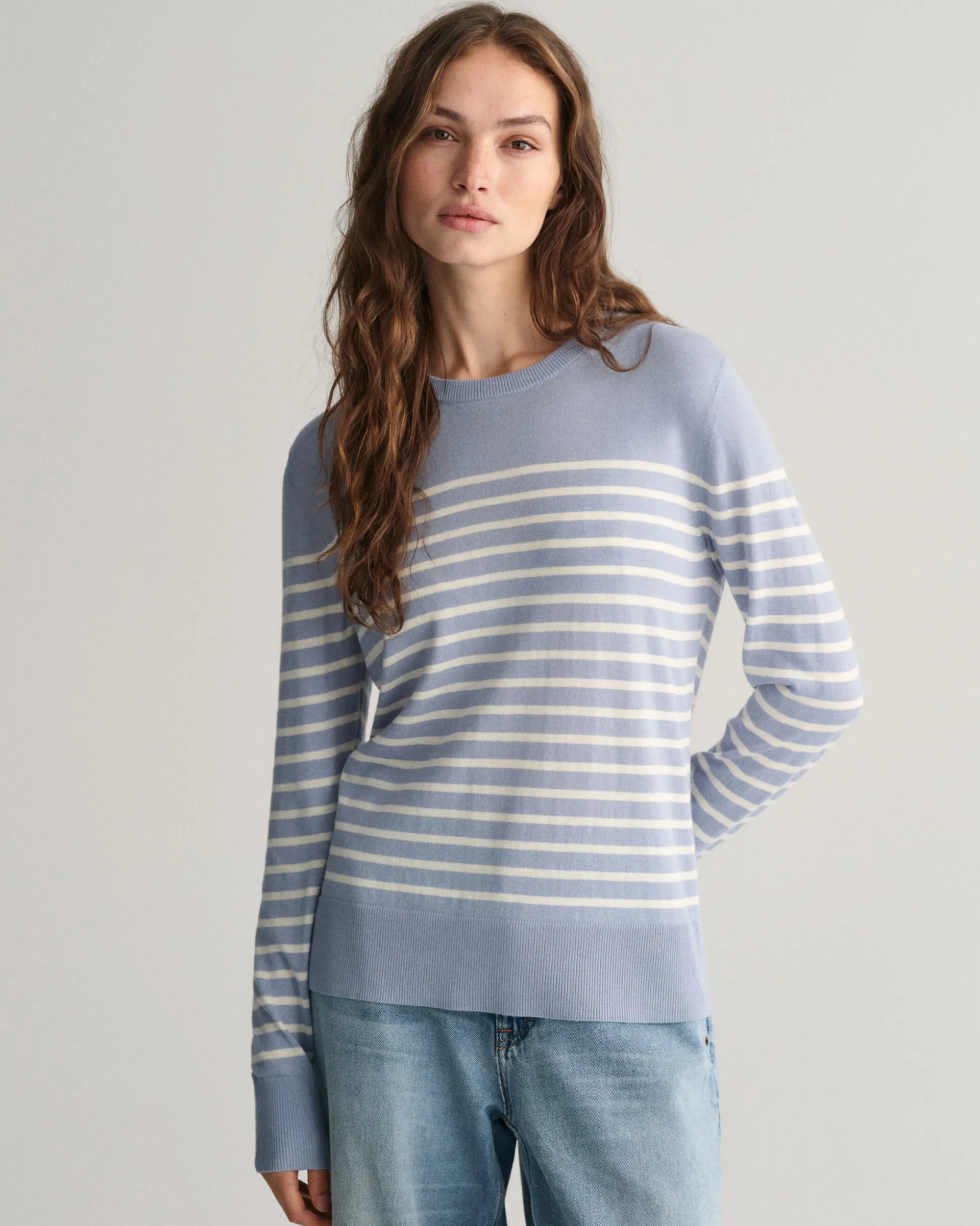 Fine Knit Striped Crew Neck Sweater