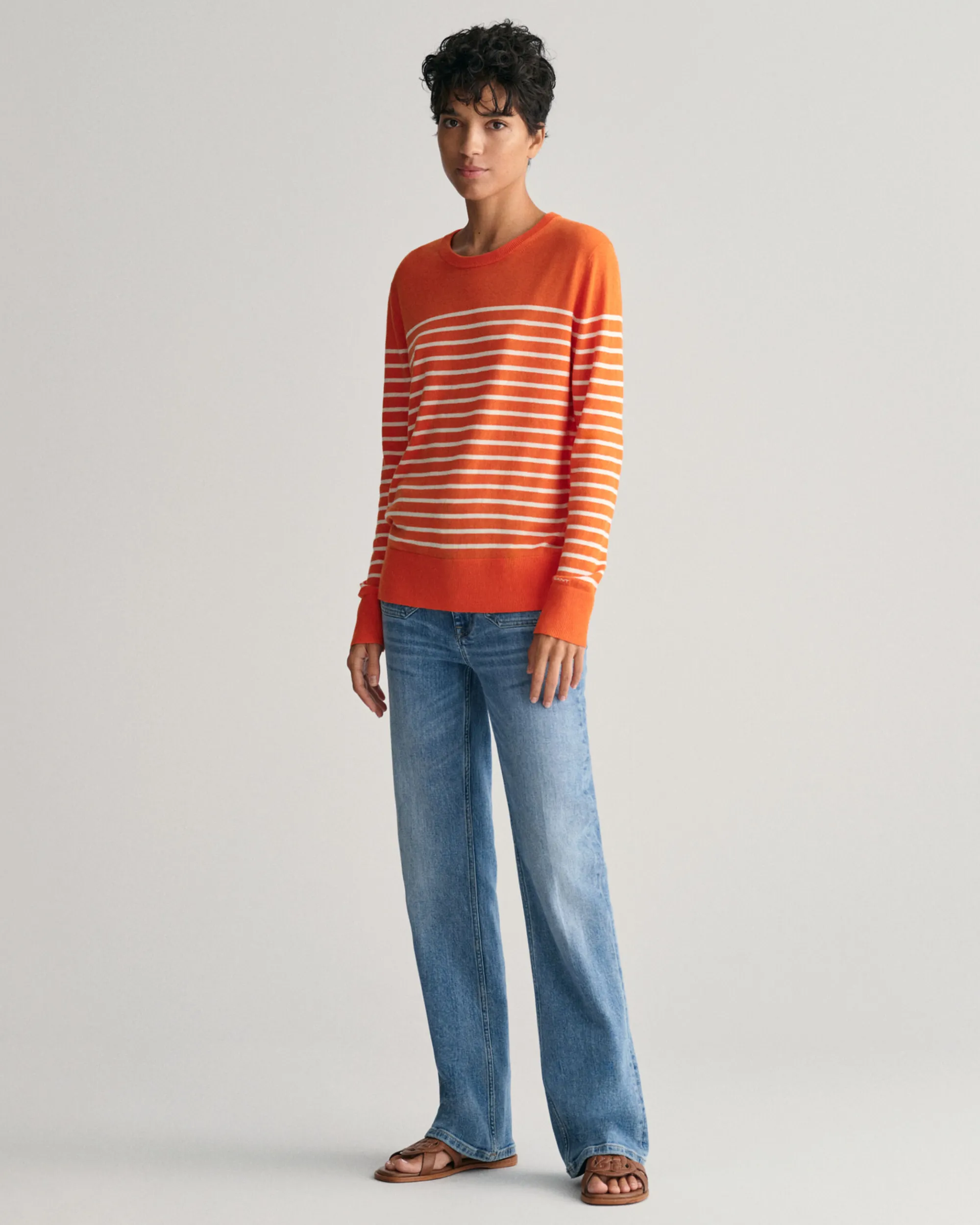 Fine Knit Striped Crew Neck Sweater