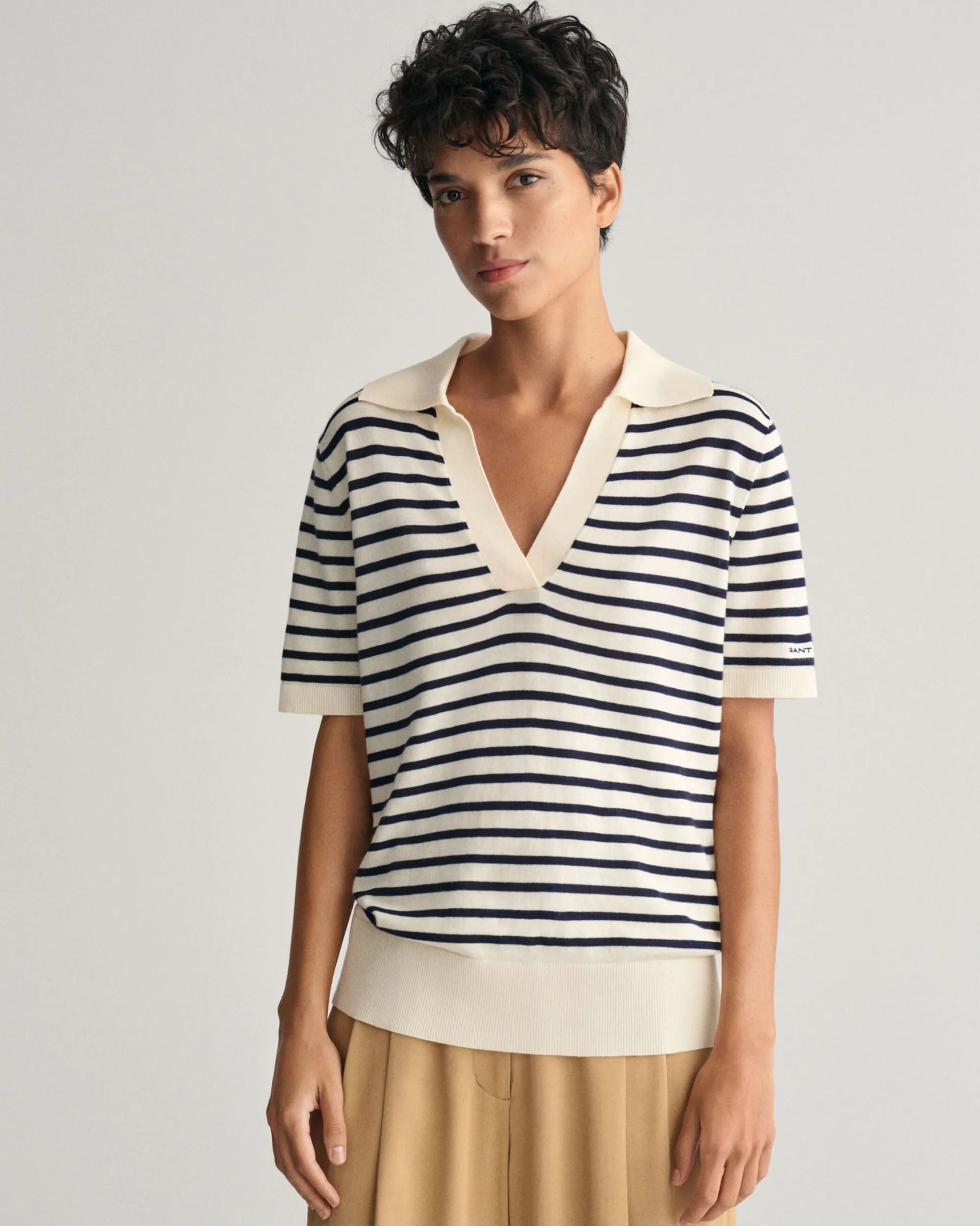 Fine Knit Striped Short Sleeve Rugger