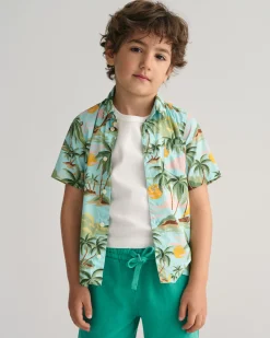 Kids Palm Print Cotton Short Sleeve Shirt