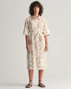 Palm Print Linen Shirt Dress
