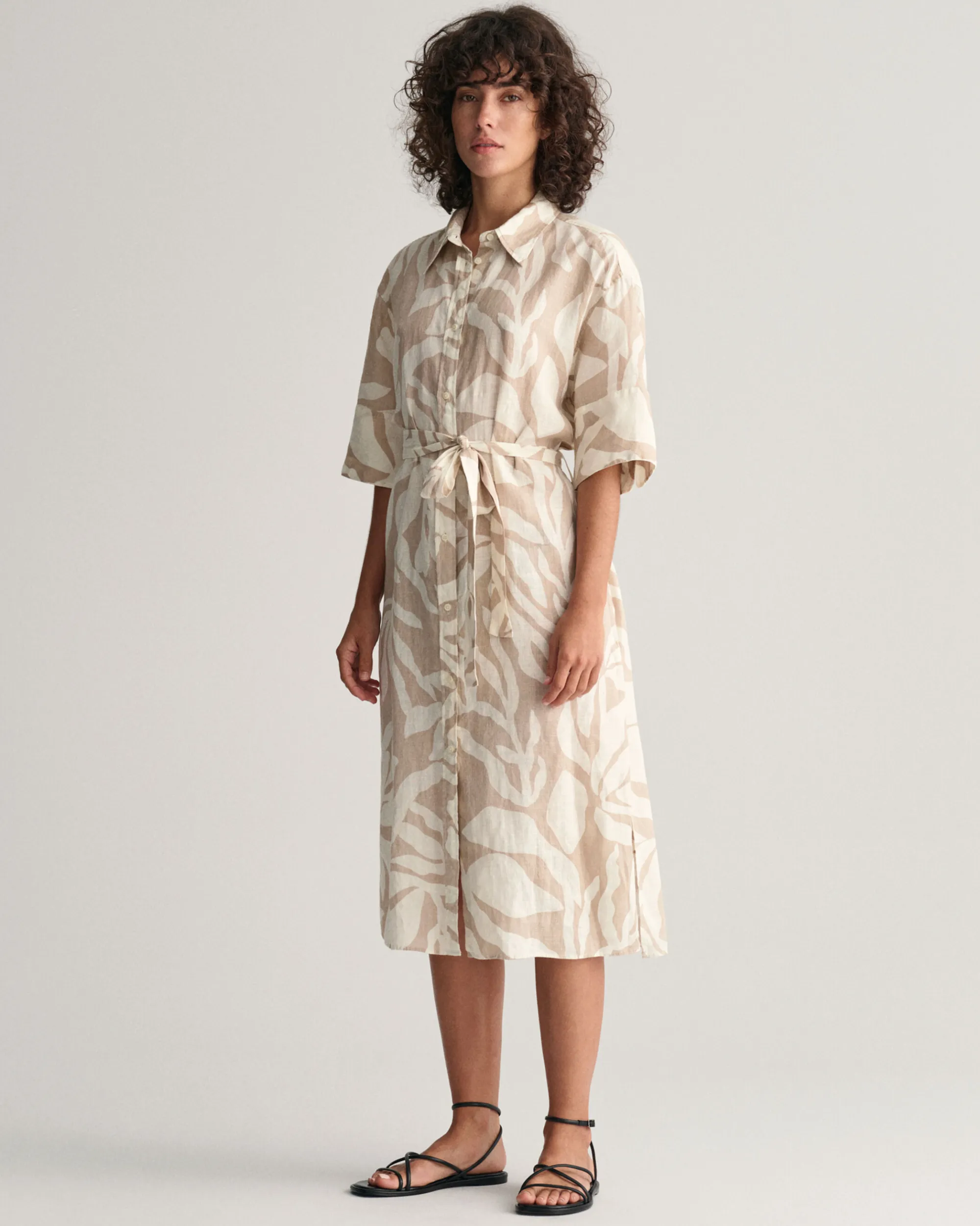 Palm Print Linen Shirt Dress