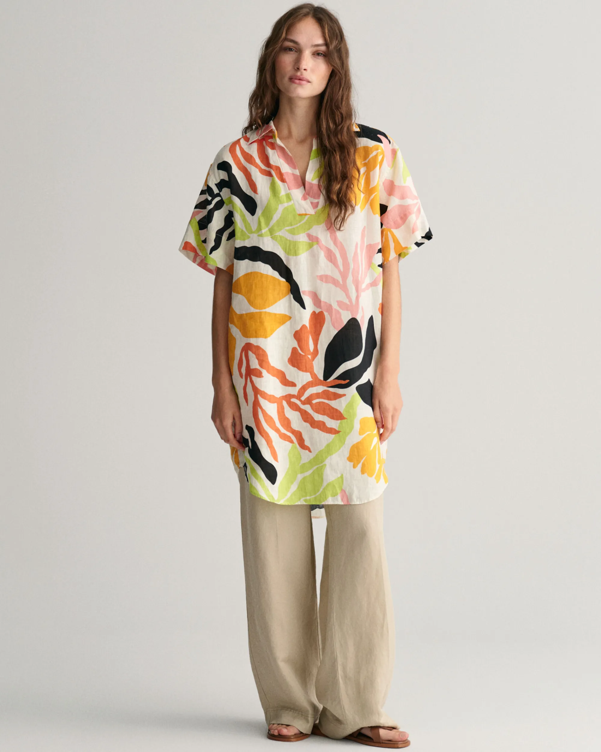 Palm Print Linen Short Sleeve Caftan