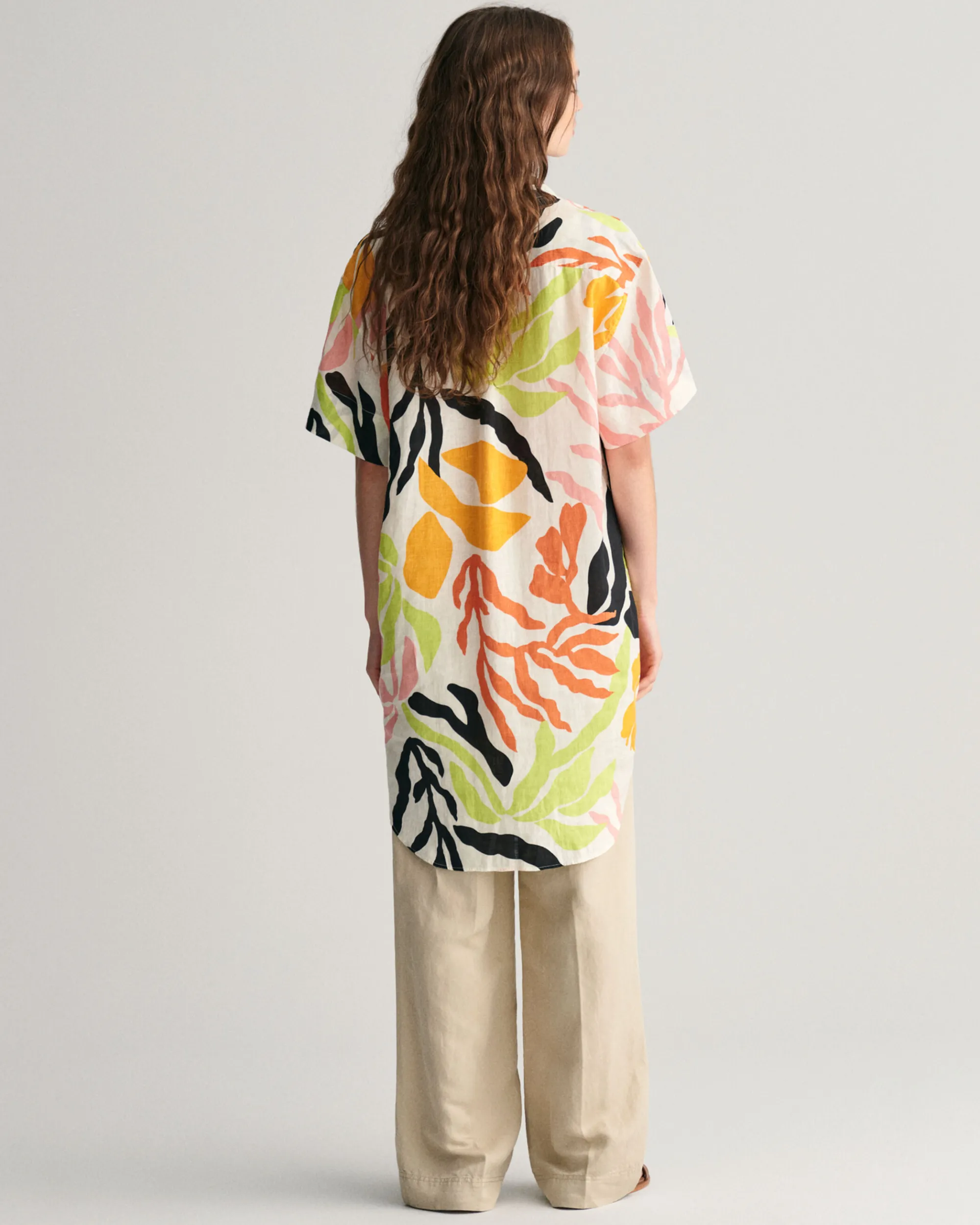 Palm Print Linen Short Sleeve Caftan