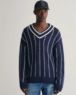Pinstripe Collegiate V-Neck Sweater