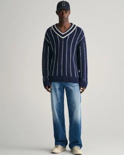 Pinstripe Collegiate V-Neck Sweater