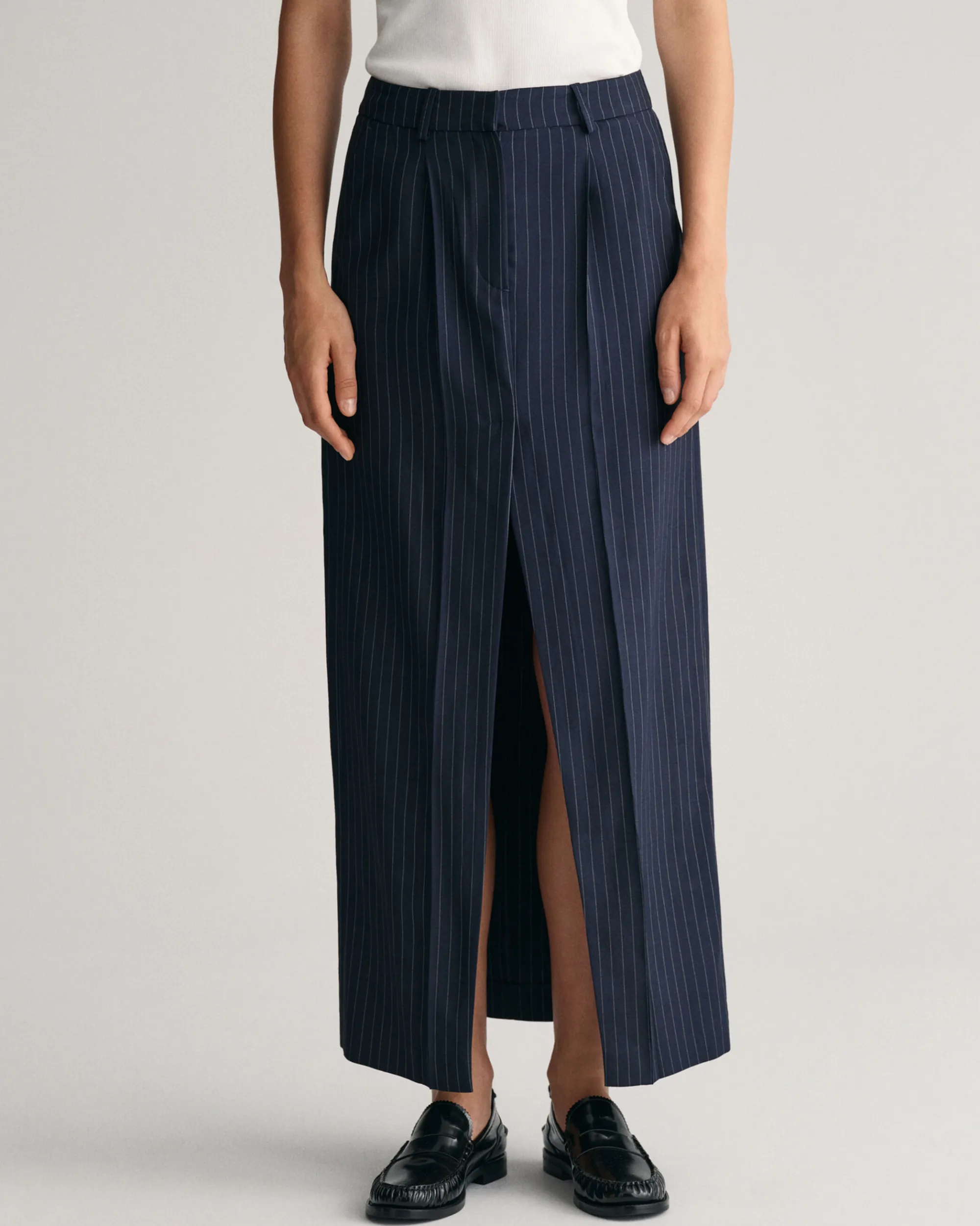 Pleated Pinstriped Maxi Skirt