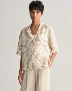Relaxed Fit Palm Print Linen Short Sleeve Shirt