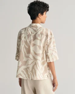Relaxed Fit Palm Print Linen Short Sleeve Shirt