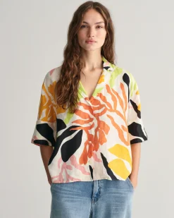 Relaxed Fit Palm Print Linen Short Sleeve Shirt