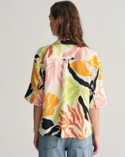 Relaxed Fit Palm Print Linen Short Sleeve Shirt