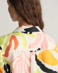Relaxed Fit Palm Print Linen Short Sleeve Shirt