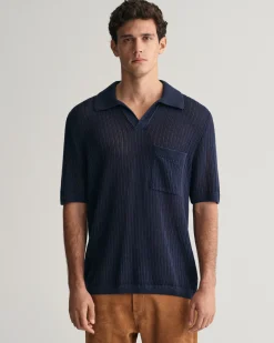 Ribbed Linen Blend Short Sleeve Polo Sweater
