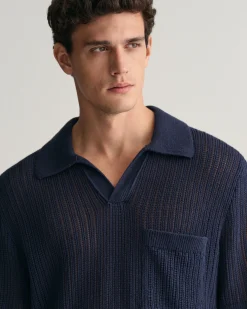 Ribbed Linen Blend Short Sleeve Polo Sweater