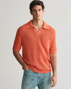 Ribbed Linen Blend Short Sleeve Polo Sweater