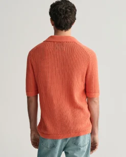 Ribbed Linen Blend Short Sleeve Polo Sweater