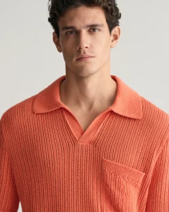 Ribbed Linen Blend Short Sleeve Polo Sweater