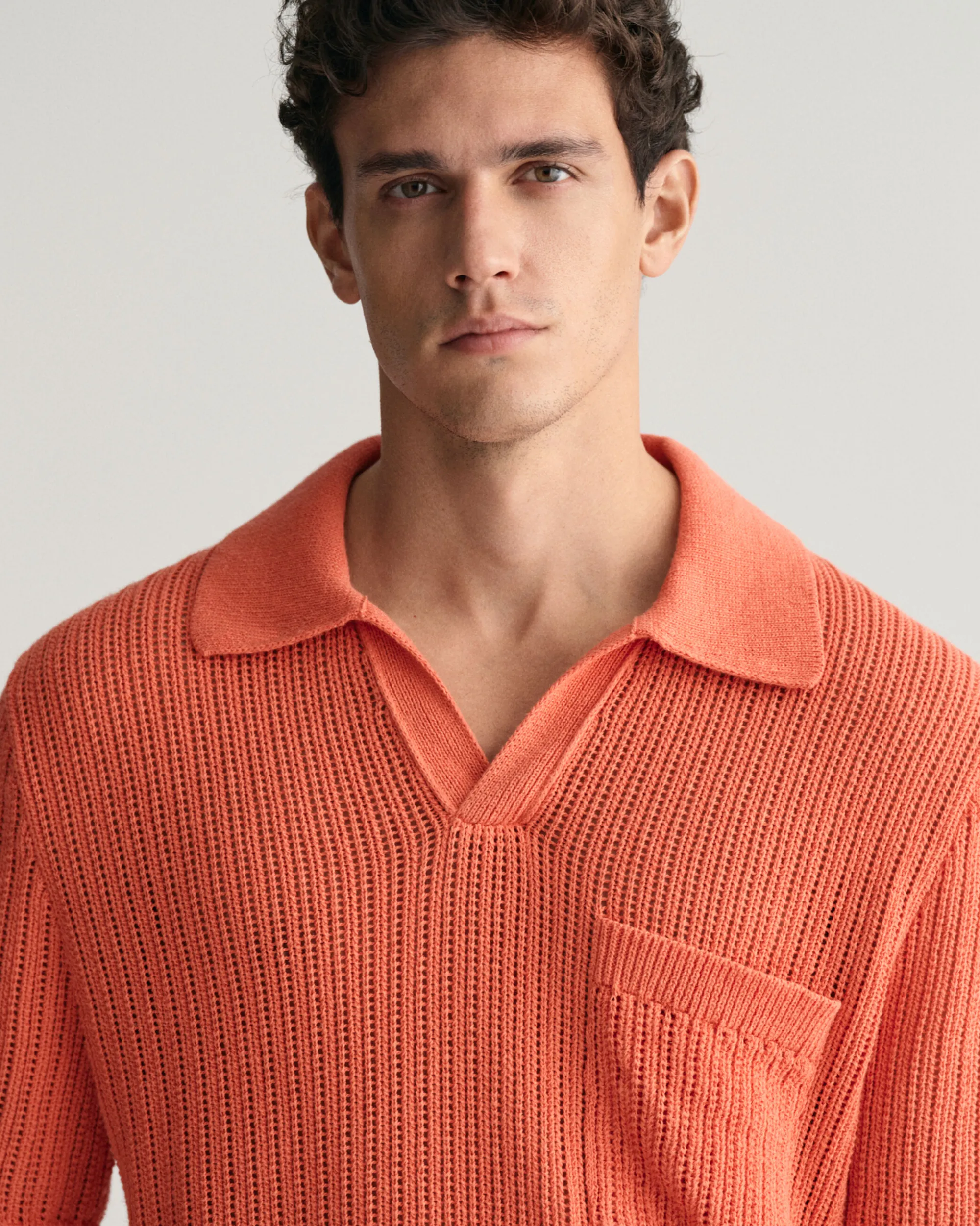 Ribbed Linen Blend Short Sleeve Polo Sweater
