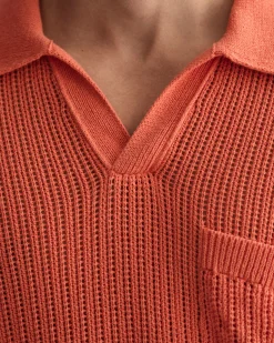 Ribbed Linen Blend Short Sleeve Polo Sweater