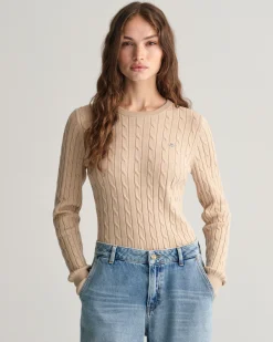 Stretch Cotton Cable Knit Crew Neck Sweater