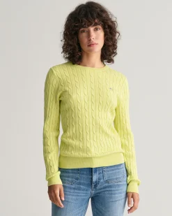 Stretch Cotton Cable Knit Crew Neck Sweater