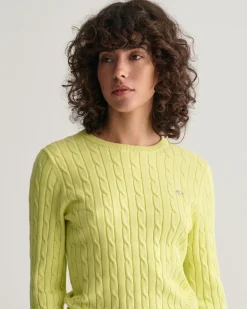 Stretch Cotton Cable Knit Crew Neck Sweater