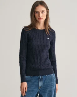 Stretch Cotton Cable Knit Crew Neck Sweater