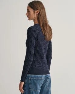 Stretch Cotton Cable Knit Crew Neck Sweater