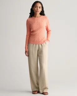 Stretch Cotton Cable Knit Crew Neck Sweater