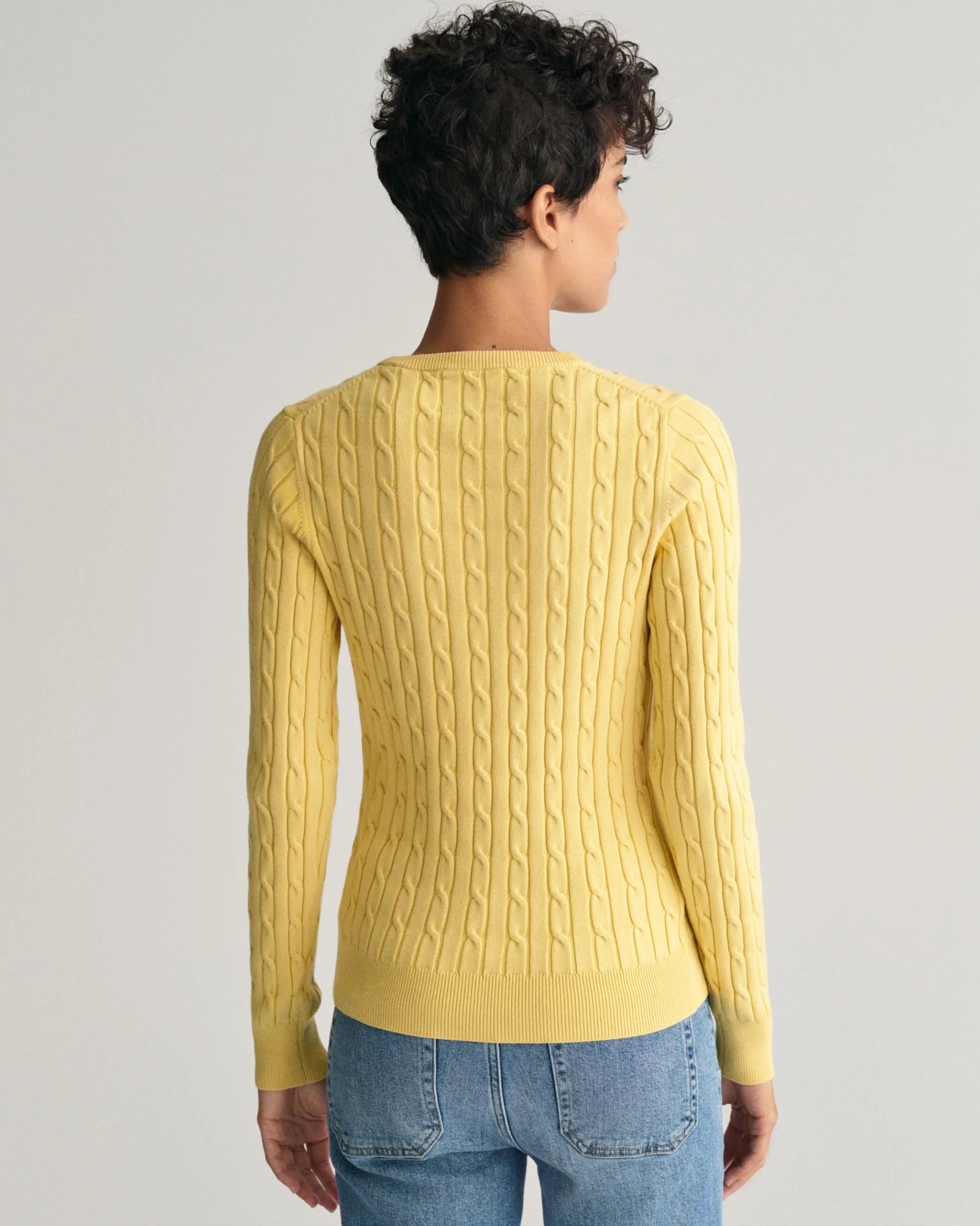 Stretch Cotton Cable Knit Crew Neck Sweater