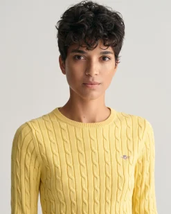 Stretch Cotton Cable Knit Crew Neck Sweater