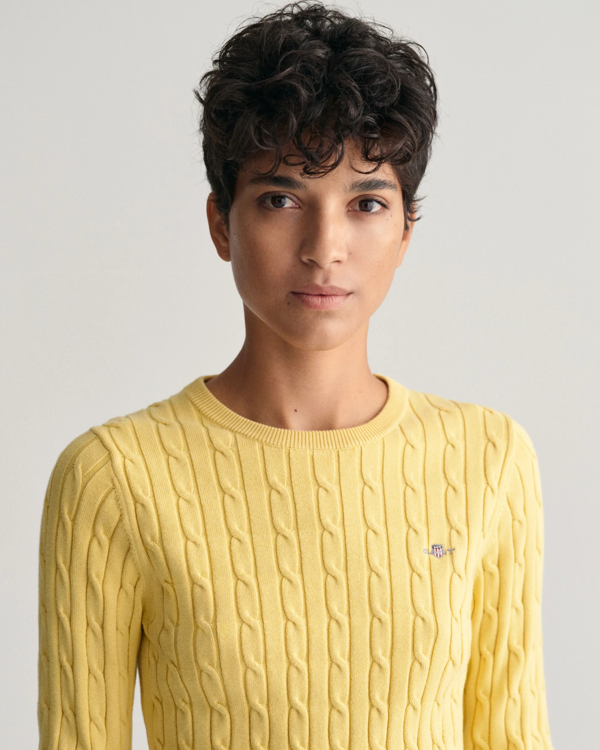 Stretch Cotton Cable Knit Crew Neck Sweater
