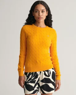 Stretch Cotton Cable Knit Crew Neck Sweater