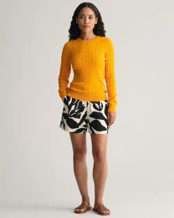 Stretch Cotton Cable Knit Crew Neck Sweater