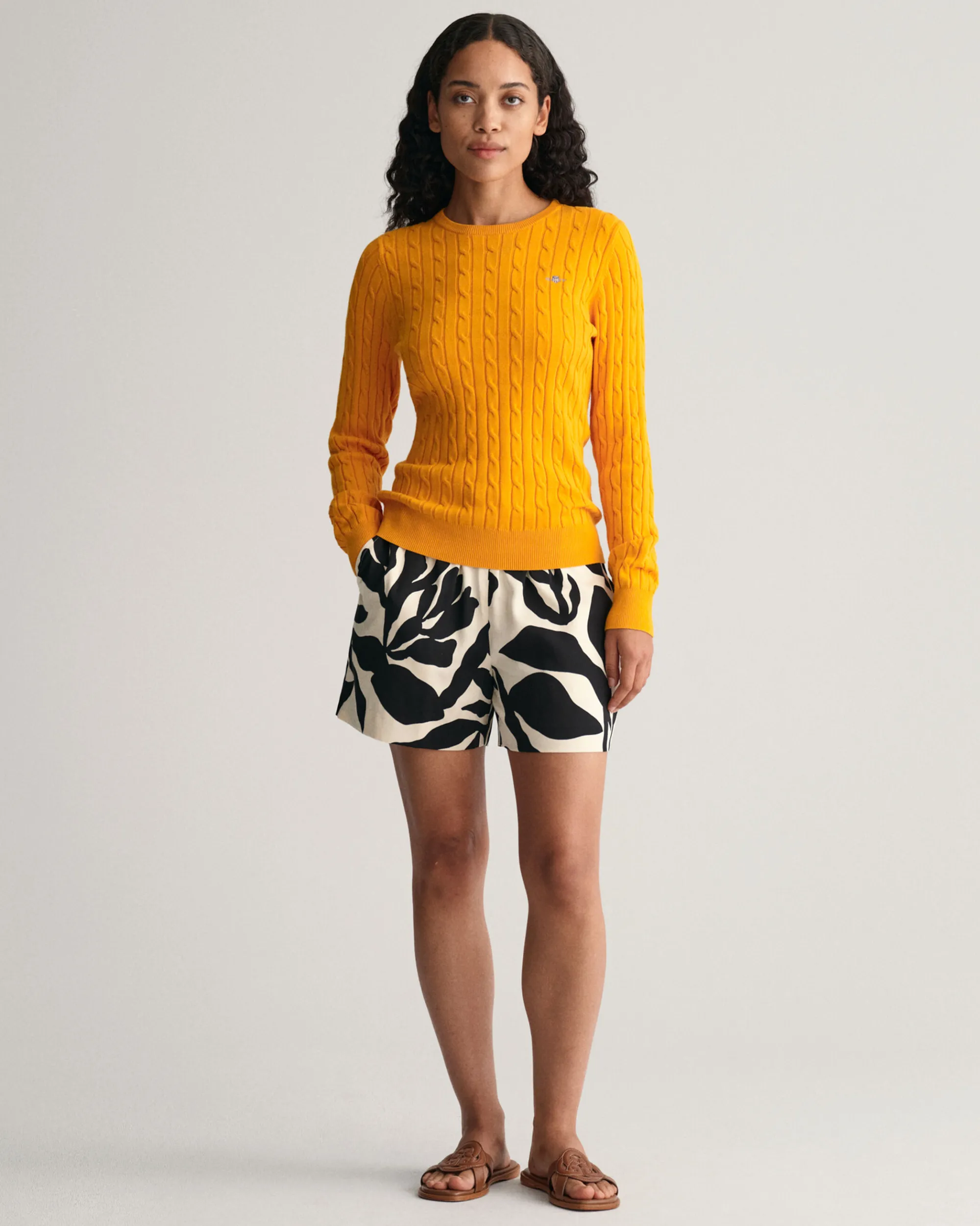 Stretch Cotton Cable Knit Crew Neck Sweater