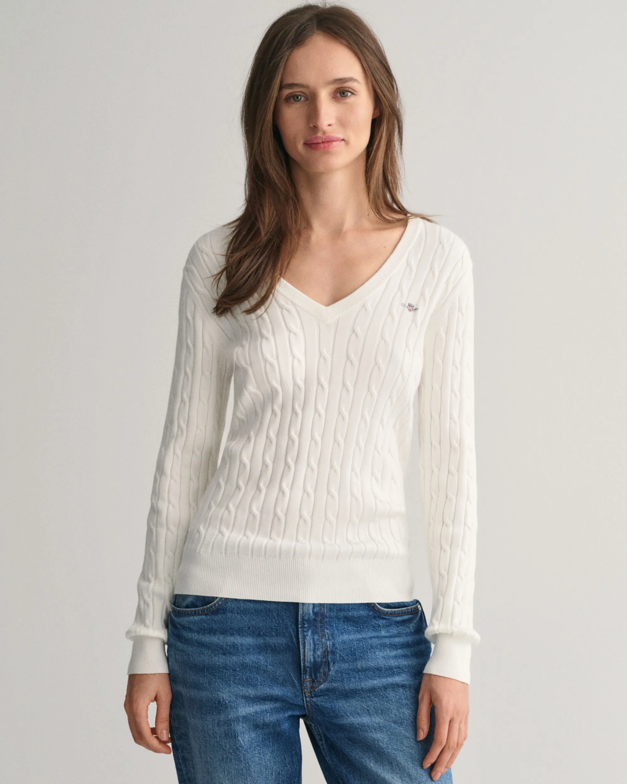 Stretch Cotton Cable Knit V-Neck Sweater