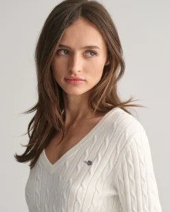 Stretch Cotton Cable Knit V-Neck Sweater