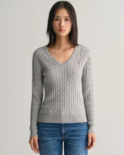 Stretch Cotton Cable Knit V-Neck Sweater