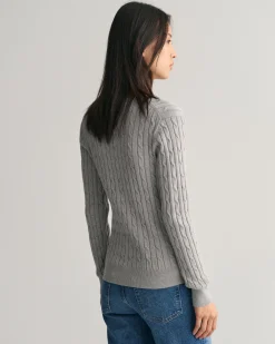 Stretch Cotton Cable Knit V-Neck Sweater