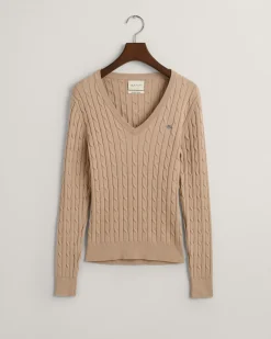 Stretch Cotton Cable Knit V-Neck Sweater