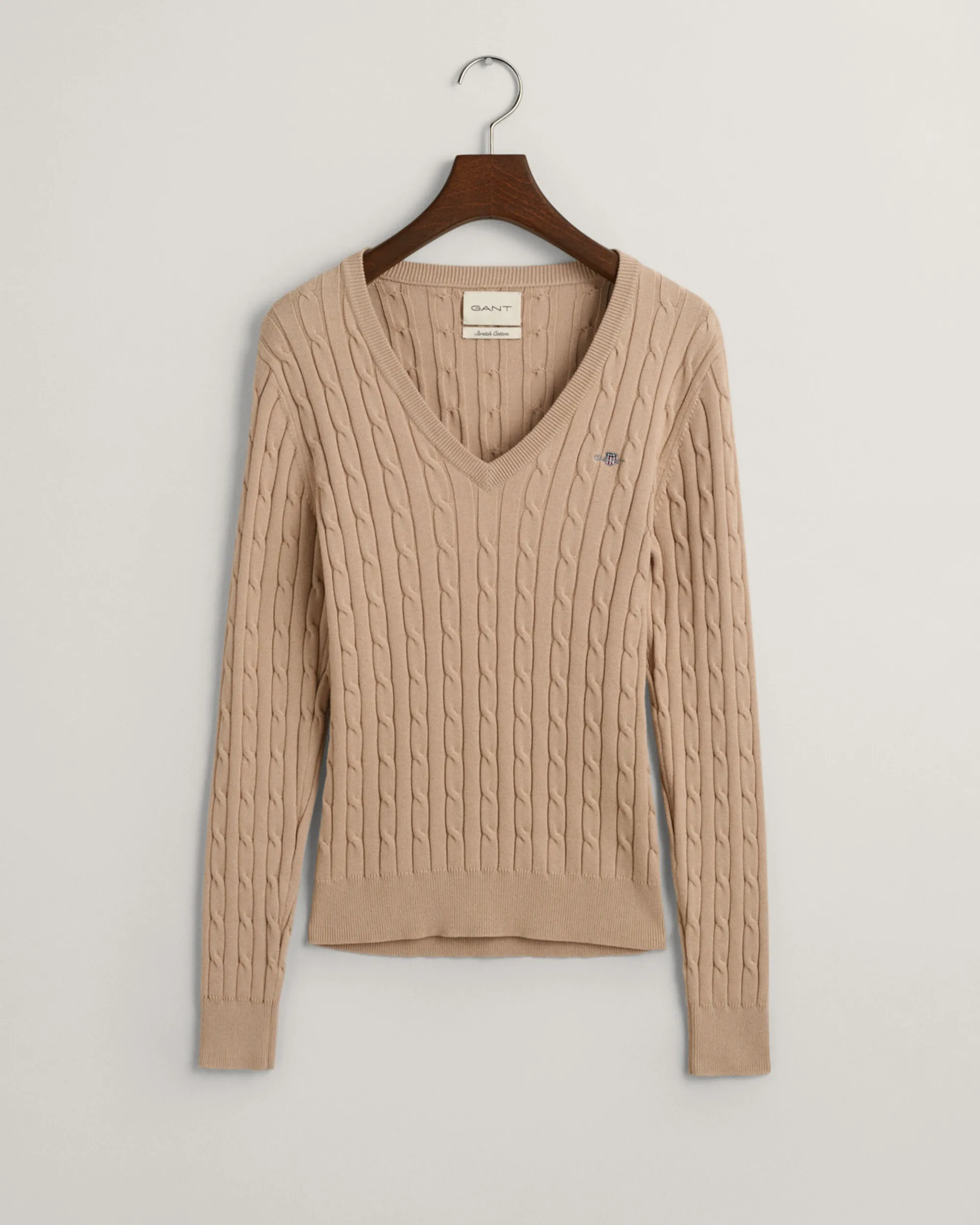 Stretch Cotton Cable Knit V-Neck Sweater