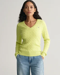 Stretch Cotton Cable Knit V-Neck Sweater