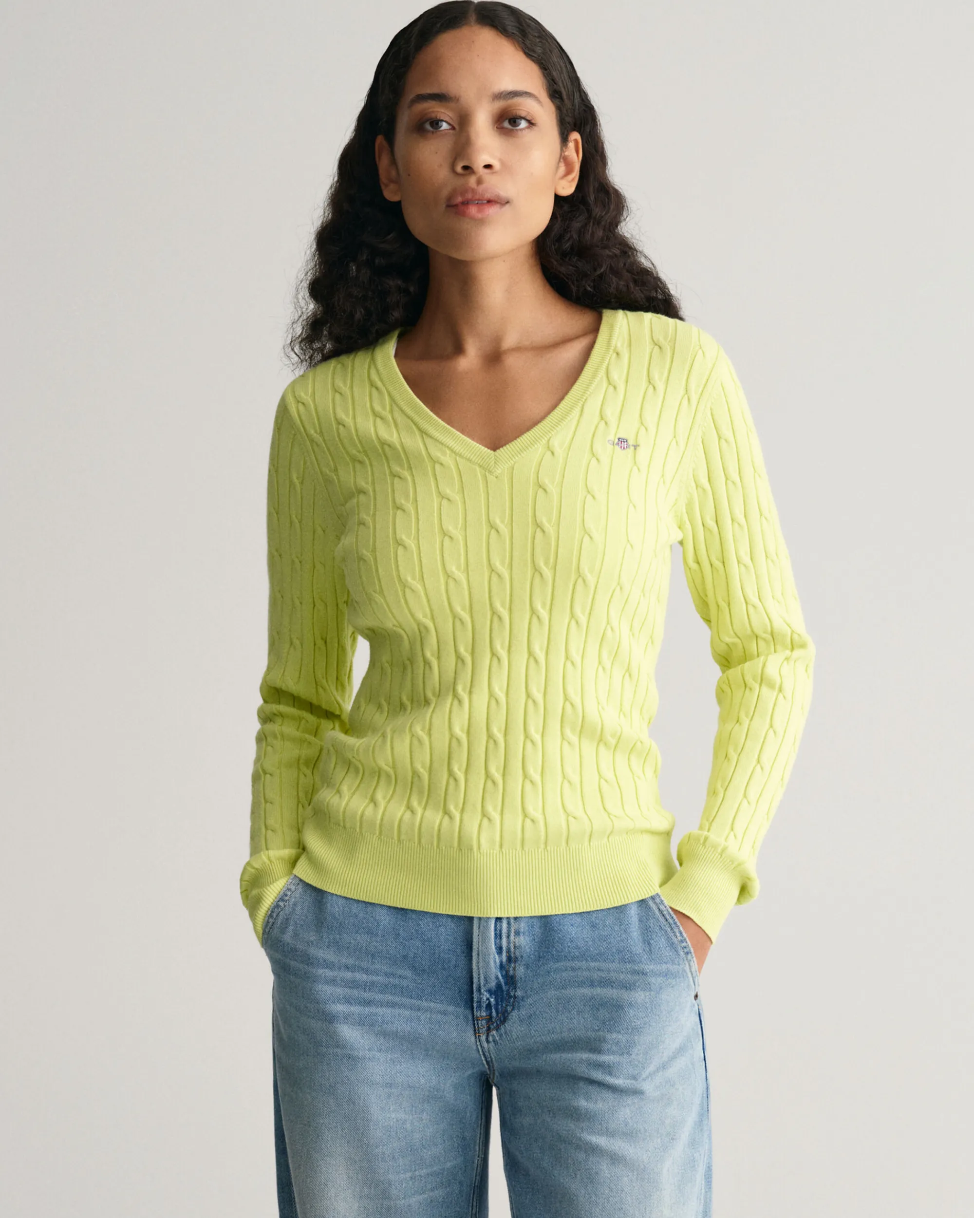 Stretch Cotton Cable Knit V-Neck Sweater