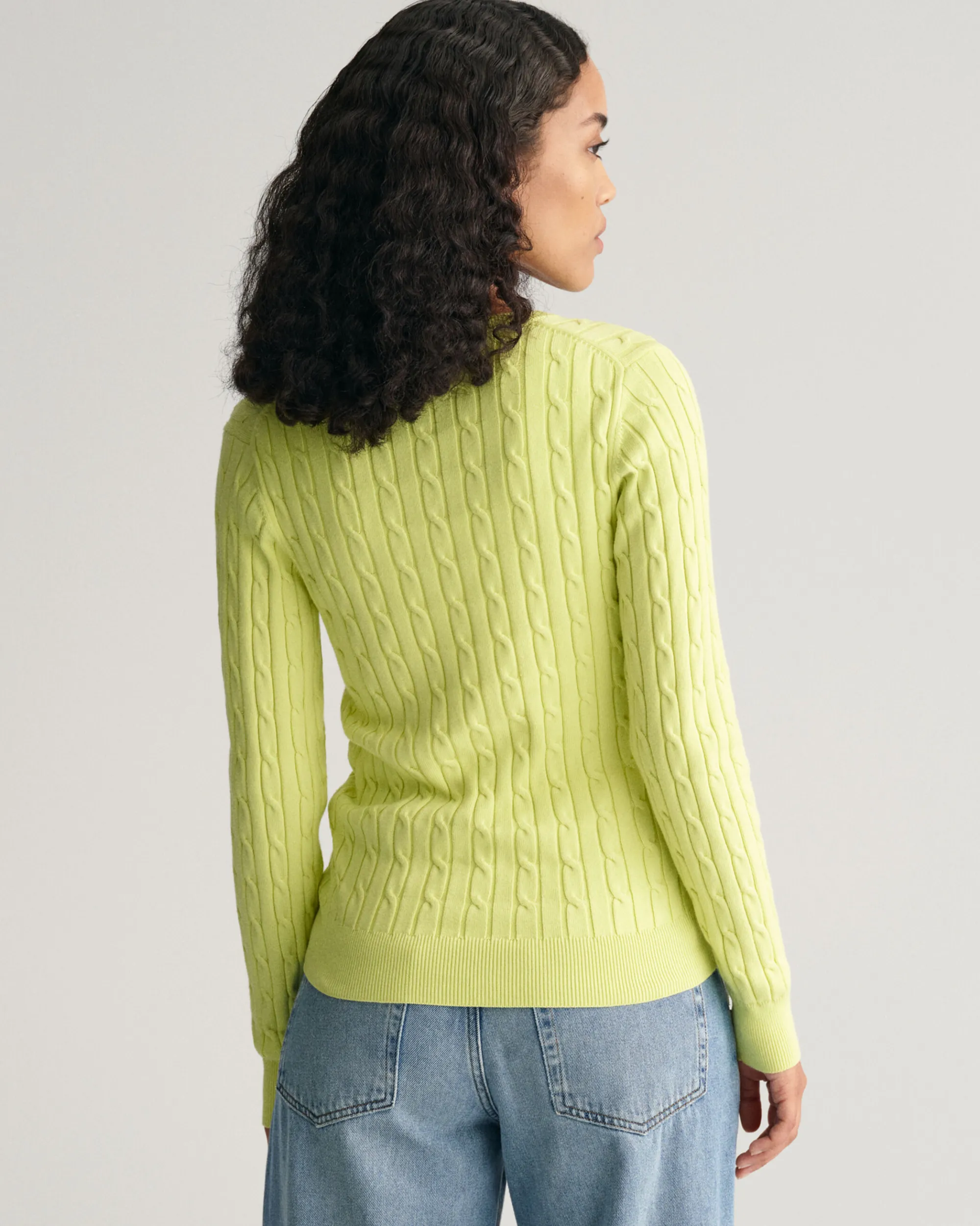 Stretch Cotton Cable Knit V-Neck Sweater