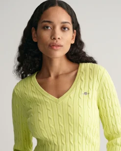 Stretch Cotton Cable Knit V-Neck Sweater