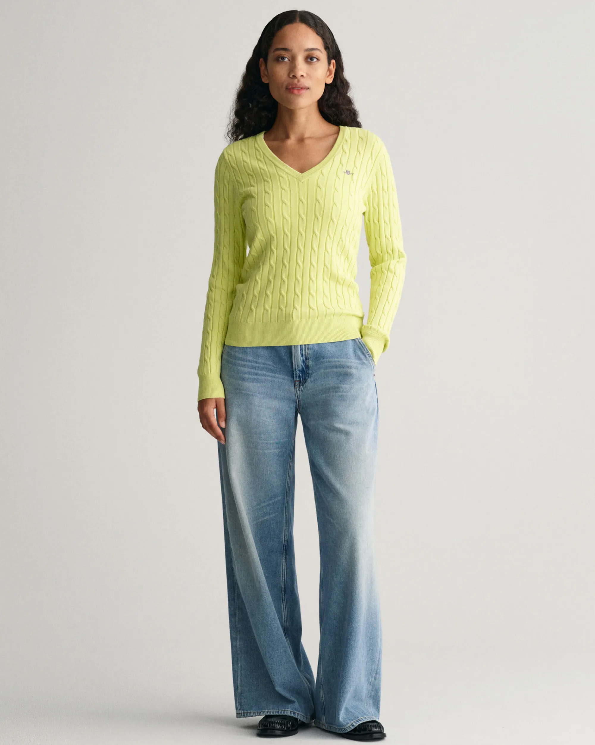 Stretch Cotton Cable Knit V-Neck Sweater