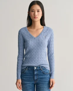 Stretch Cotton Cable Knit V-Neck Sweater