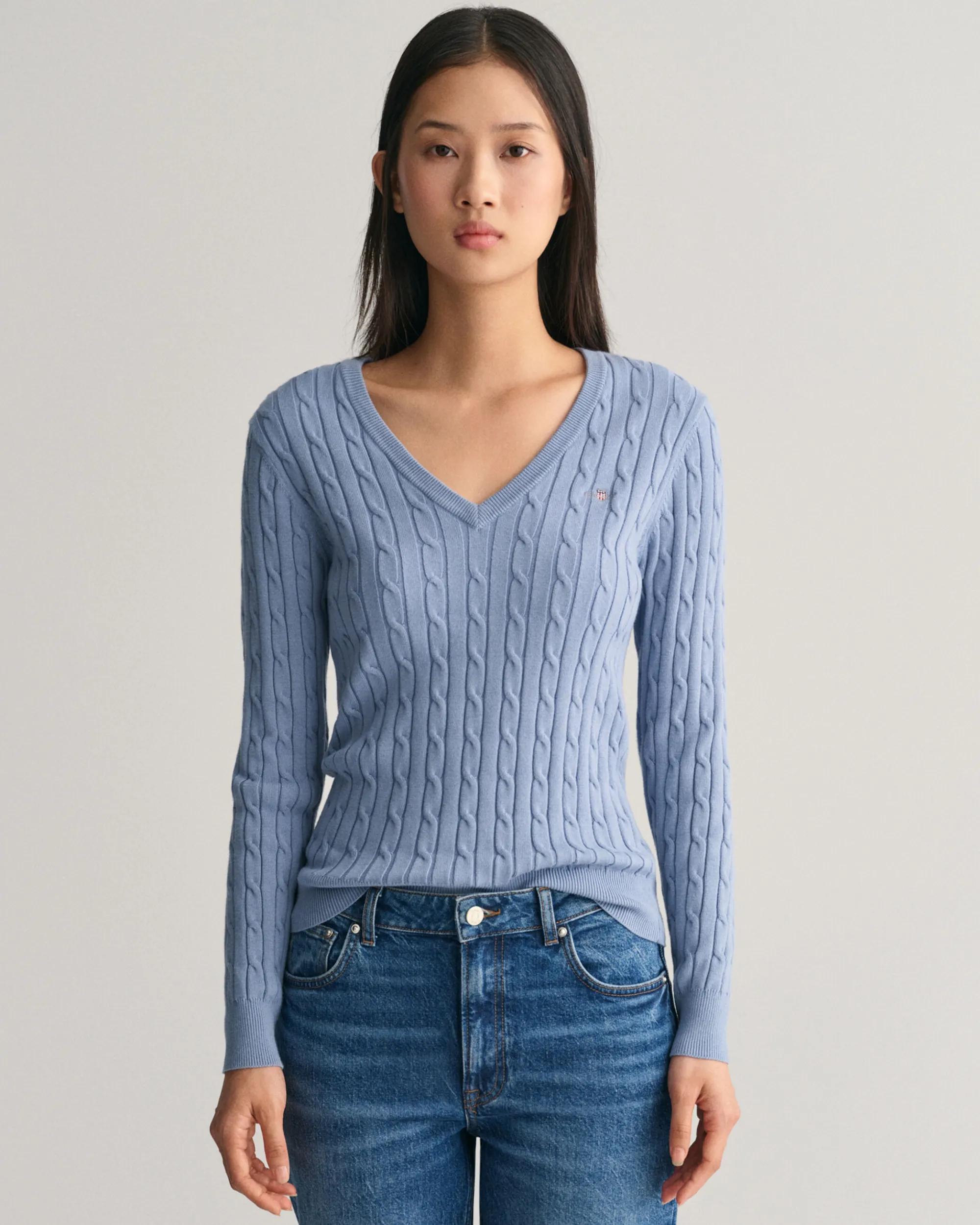 Stretch Cotton Cable Knit V-Neck Sweater