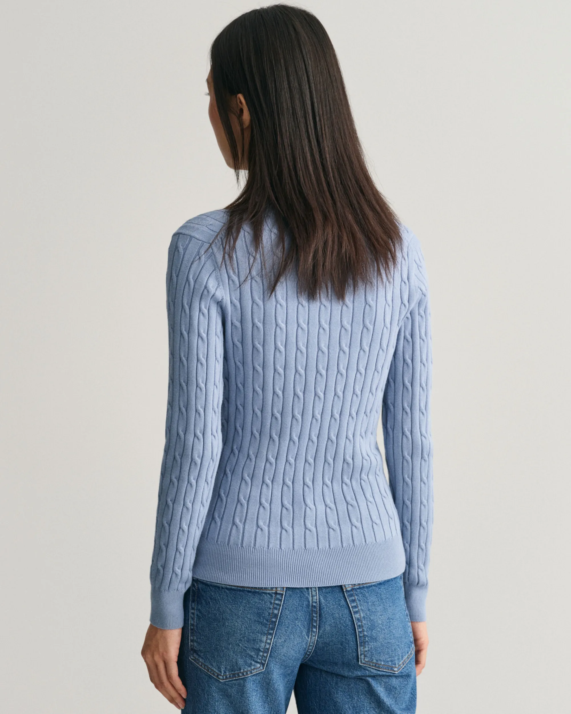 Stretch Cotton Cable Knit V-Neck Sweater