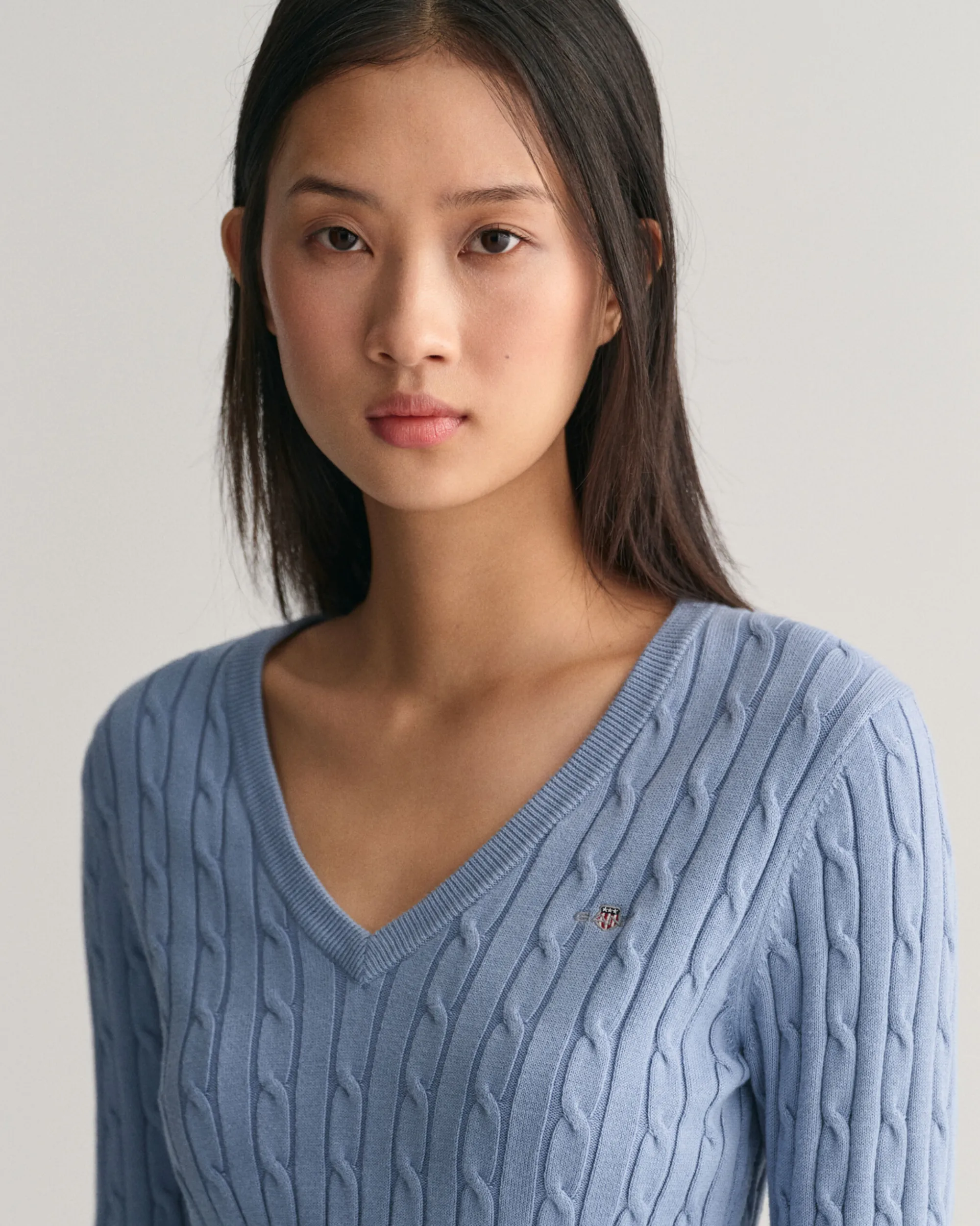 Stretch Cotton Cable Knit V-Neck Sweater